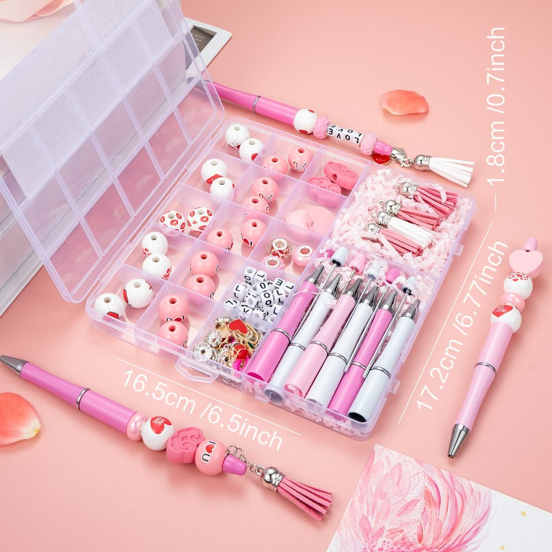 wholesale beadable pens 17 Grid Valentine's Day DIY Box Wooden Bead Letter Bead Tassel Handmade Bead Pen